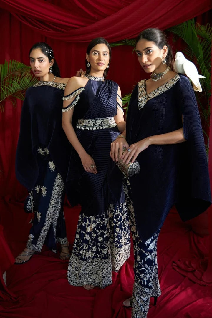 Tasuvure X MW  Reyna Gara Glazed Embroidered Pleated V- Neck Cape Coordinated with Straight Pants - Navy Blue