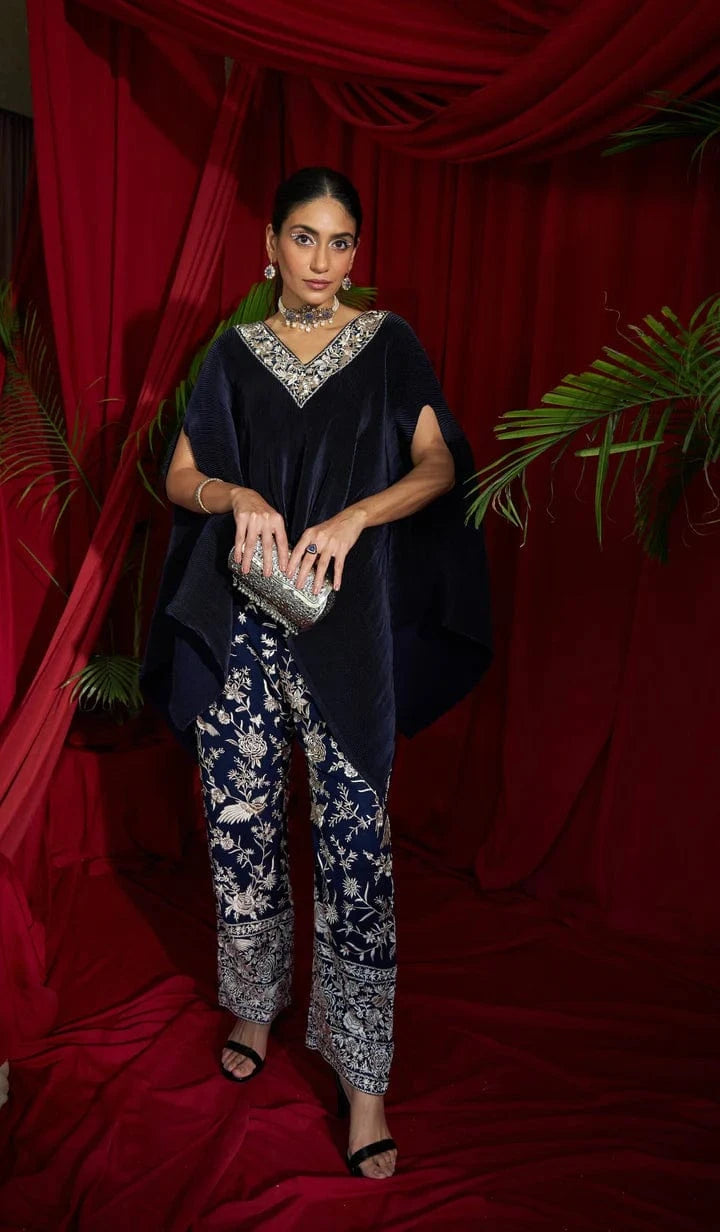Tasuvure X MW  Reyna Gara Glazed Embroidered Pleated V- Neck Cape Coordinated with Straight Pants - Navy Blue