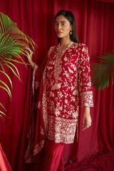 Tasuvure X MW  Reyna Gara Glazed Kurta With Pleated Pants and Dupatta- Red