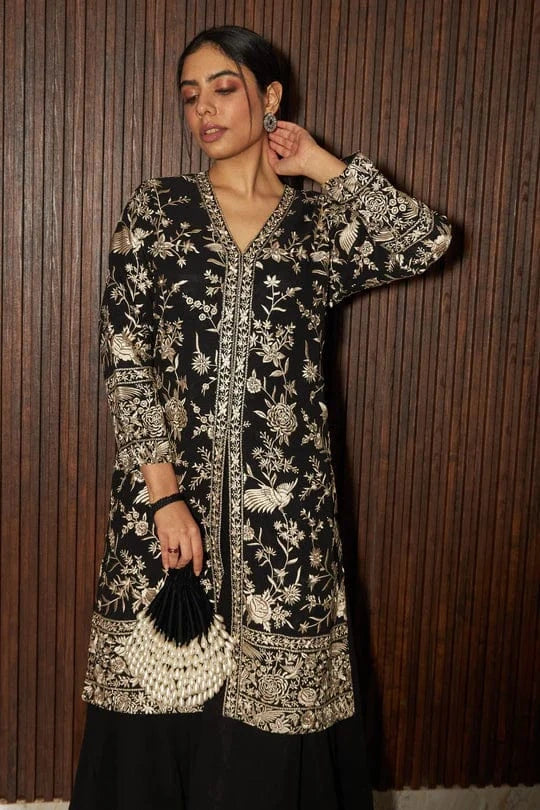 Tasuvure X MW  Reyna Gara Glazed Slit Kurta With Skirt - Black