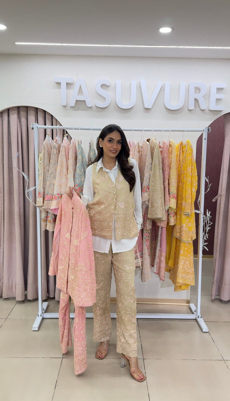 Tasuvure X MW  Reyna Gara Glazed Waist Coat With Coordinated Pants - Beige