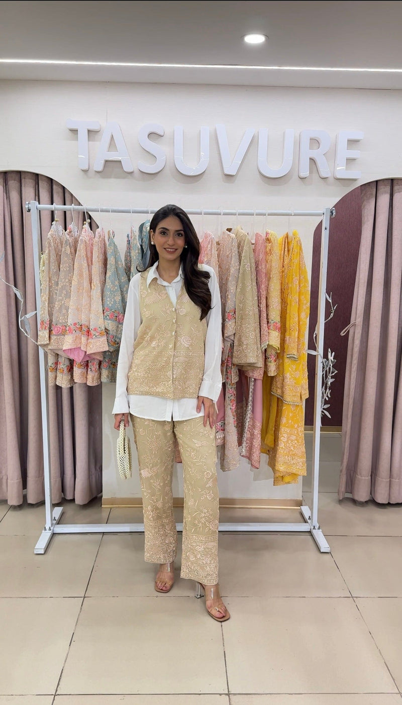 Tasuvure X MW  Reyna Gara Glazed Waist Coat With Coordinated Pants - Beige