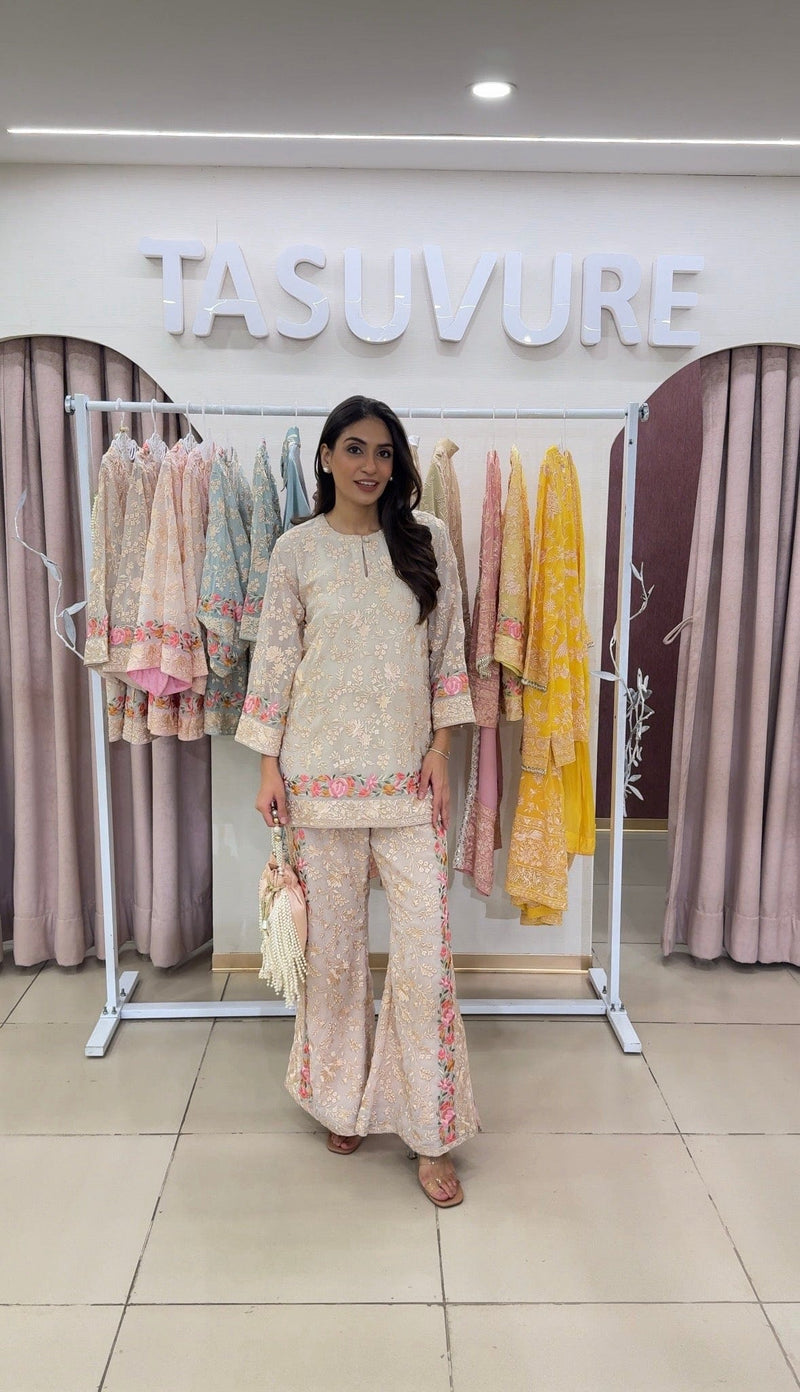 Tasuvure X MW  Reyna Gara Rose Dust Kurta with Slit Pant - Beige