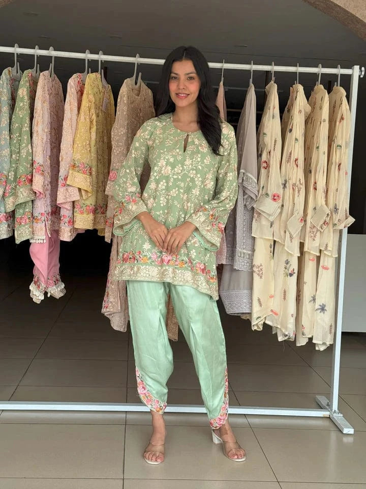 Tasuvure X MW  Reyna Gara Rose Dust Kurta with Tulip Pant - Sage Green