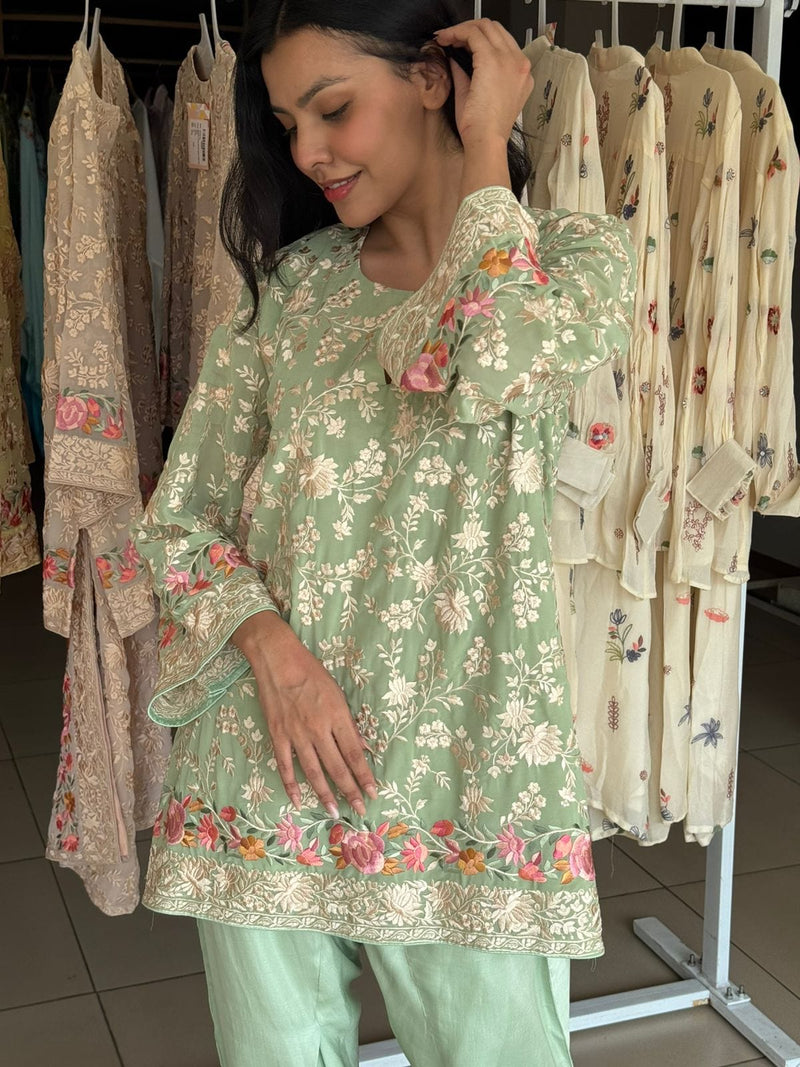 Tasuvure X MW  Reyna Gara Rose Dust Kurta with Tulip Pant - Sage Green