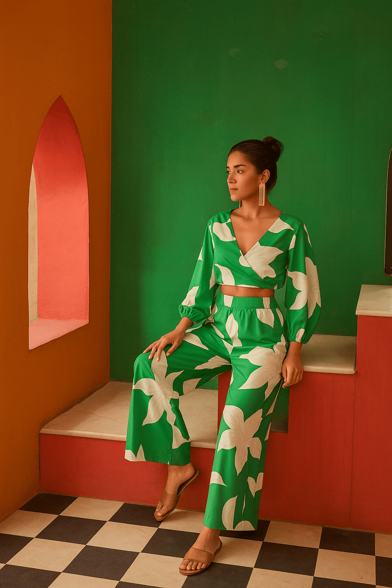 Tasuvure X MW  Soleil Bloom Crop Top with Flared Pants - Green