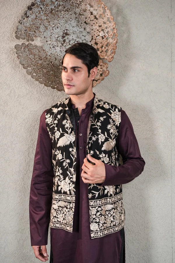 Tasuvure X MW  WINE KURTA SET WITH BLACK GARA GLAZED JACKET