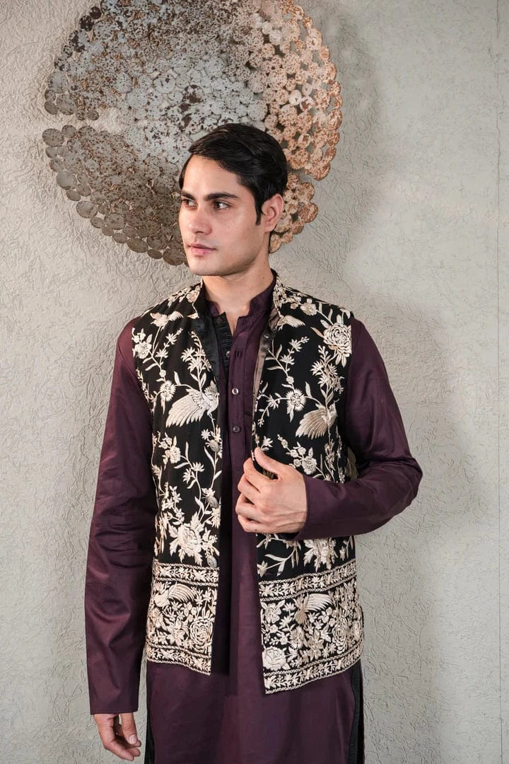 Tasuvure X MW  WINE KURTA SET WITH BLACK GARA GLAZED JACKET