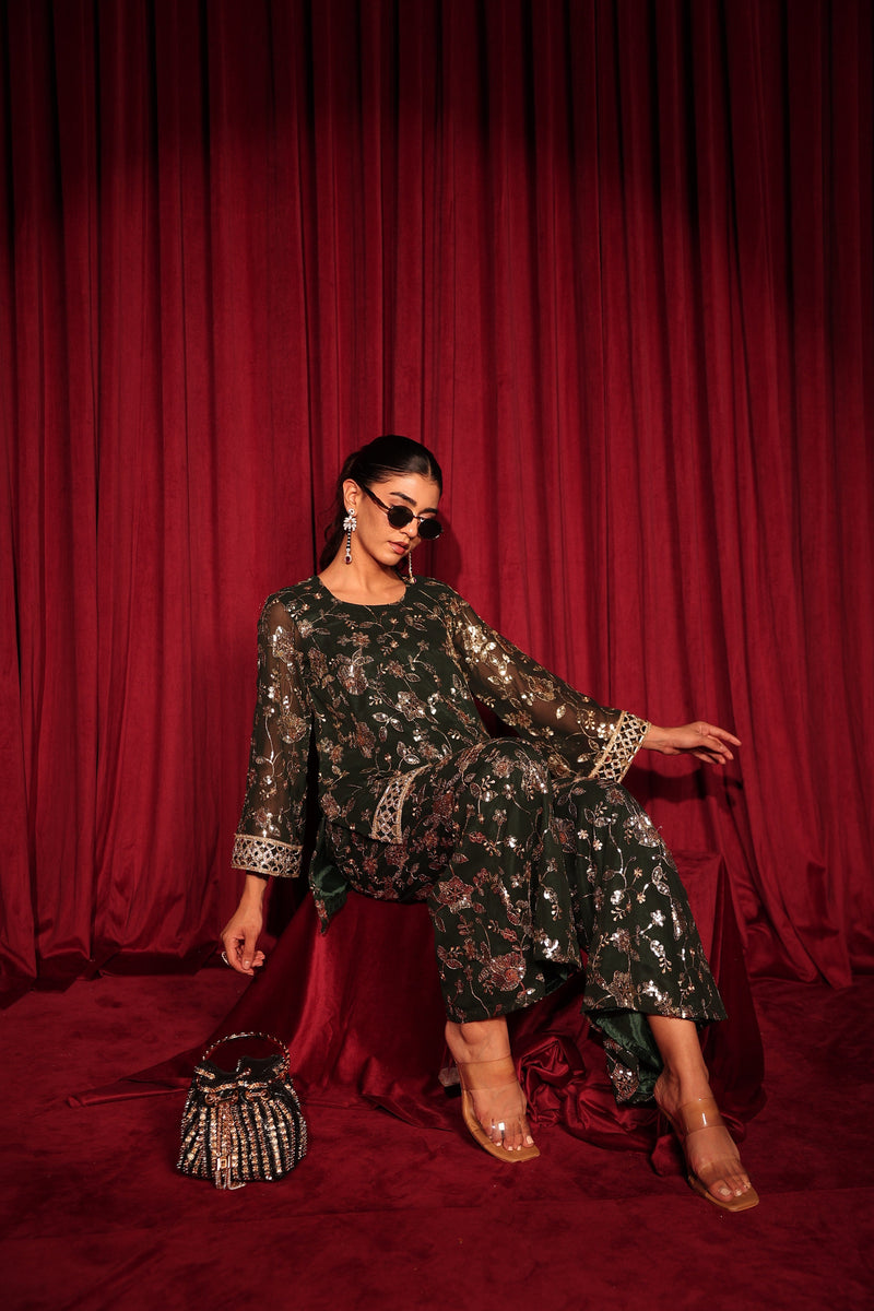 Tasuvure X MW  Zaira Zardosi Sharara Set - Green