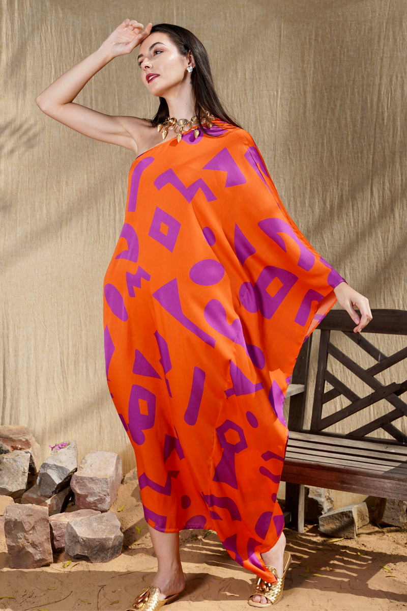 orange and purple one shoulder dress