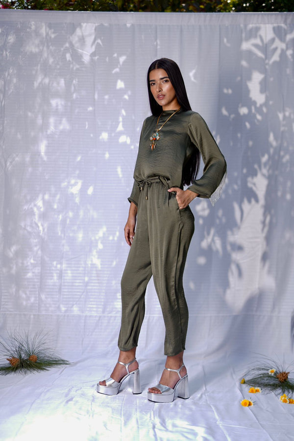 Olive Green Athleisure Set with Metallic Tassels