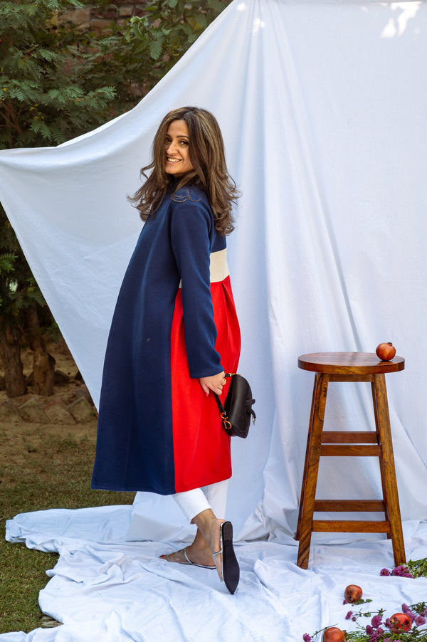 Red and blue overcoat