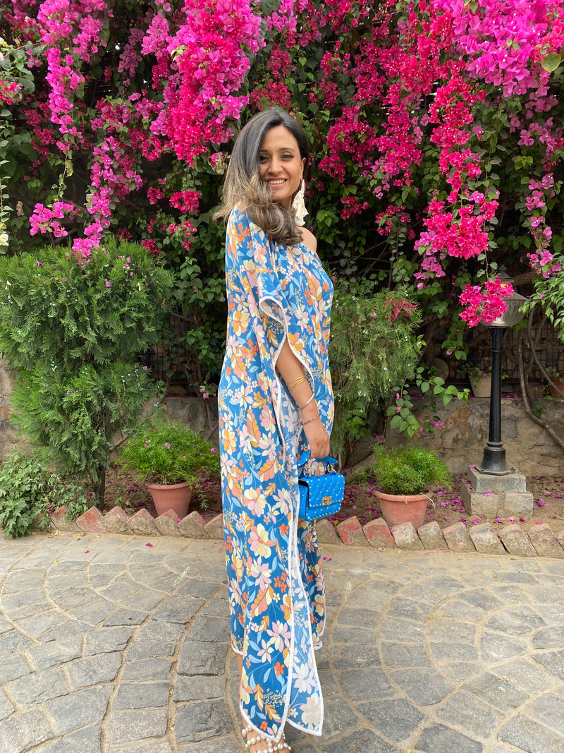 Blue floral print kaftan dress