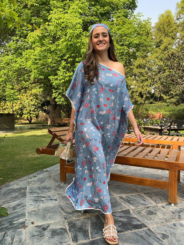 Two Piece Blue Floral Print Kaftan Dress