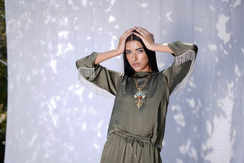 Mitaliwadhwa Olive Green Athleisure Set with Metallic Tassels