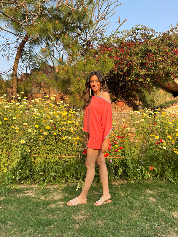 Mitaliwadhwa Peach kaftan & shorts set